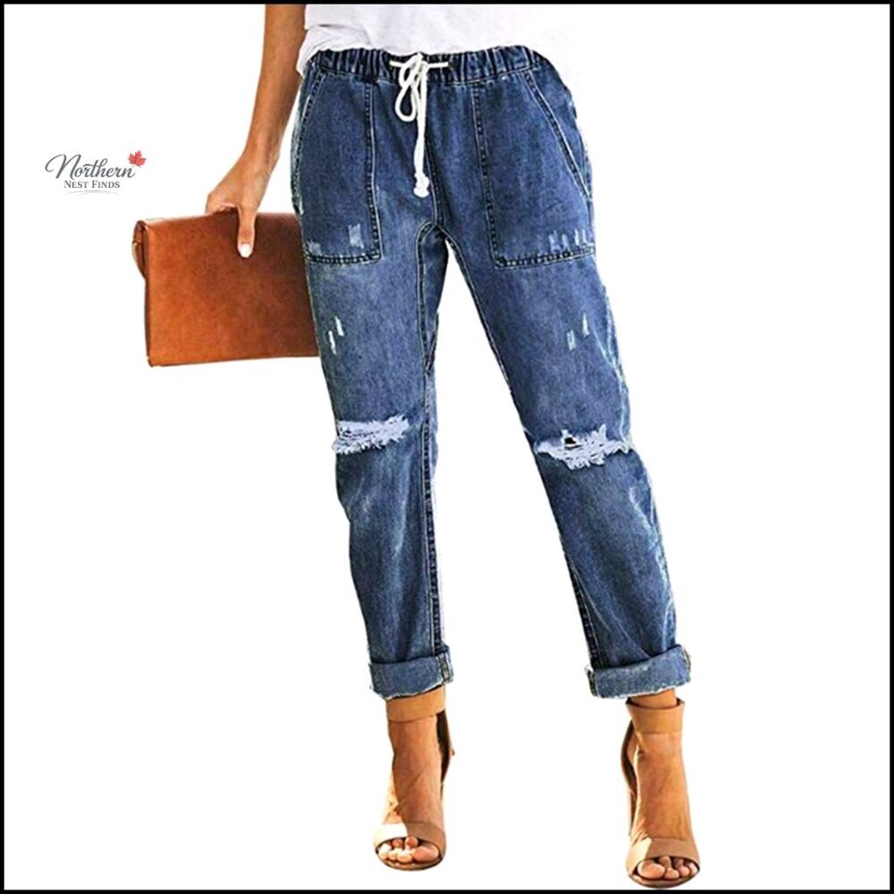 Women's Casual Pull-On Distressed Jeans Elastic Waist Stretch Joggers Pants